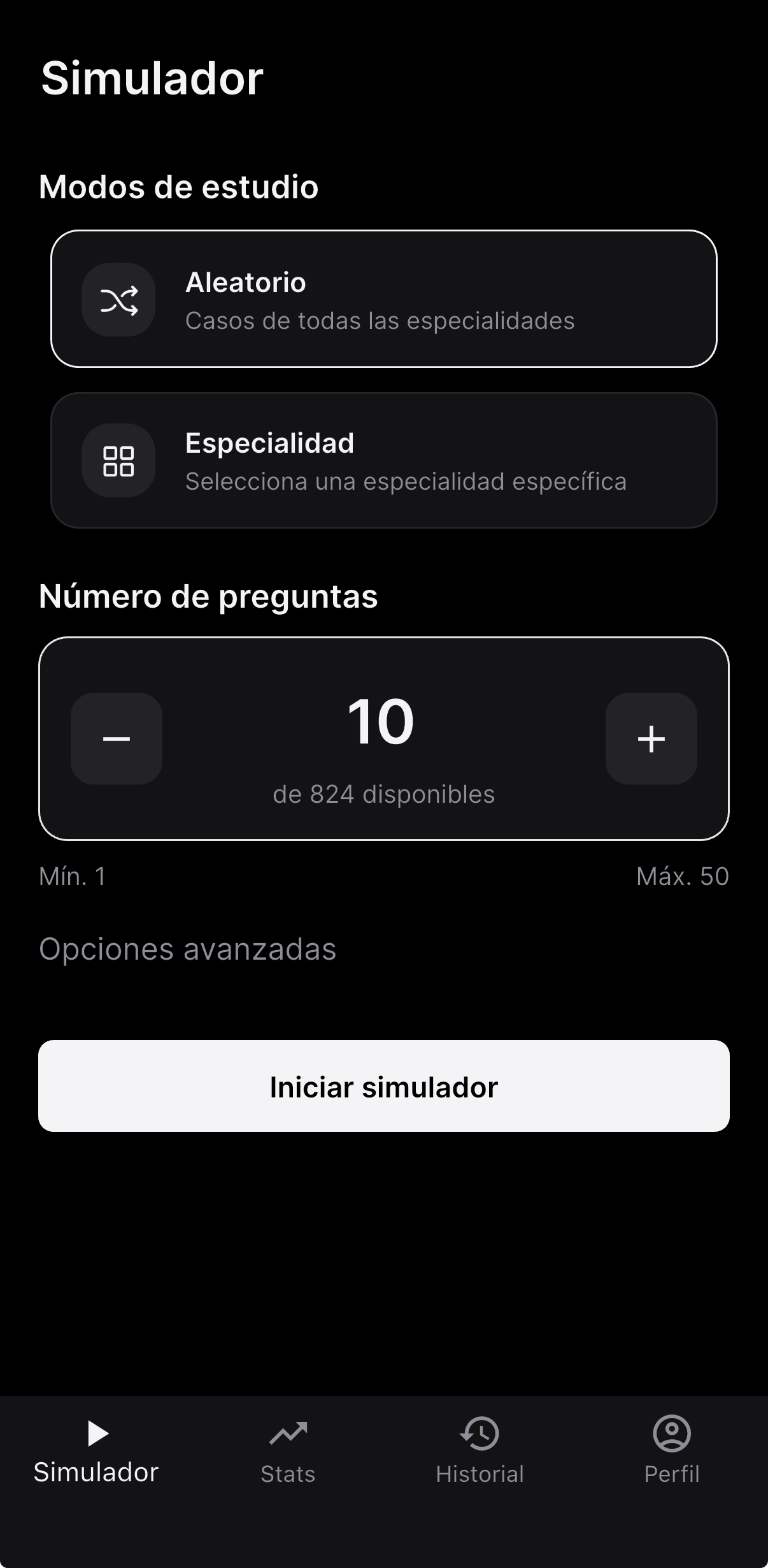 Pantalla Simulador de Etude ENARM